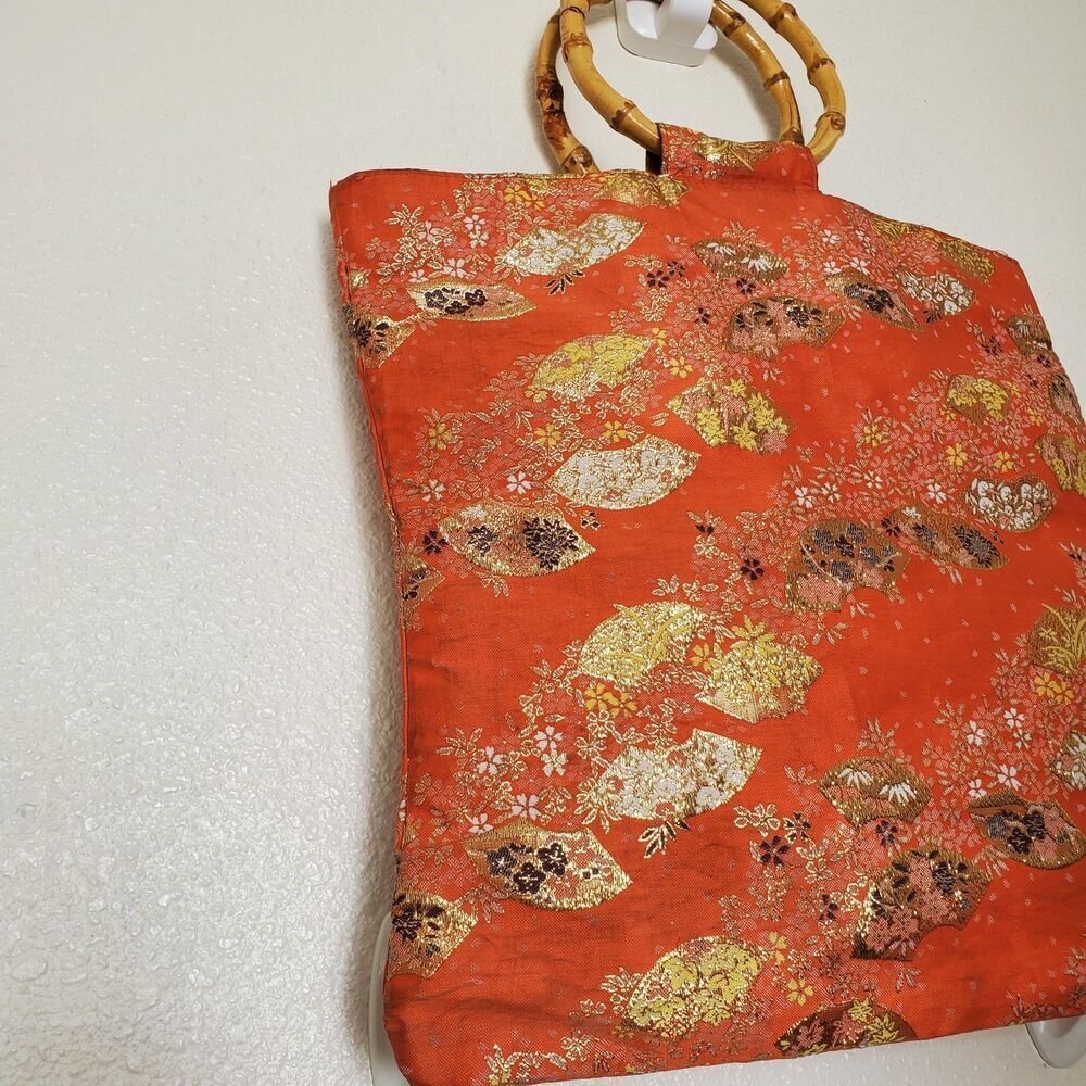 Vintage Orange Brocade Bamboo Handle Bag Gold Metallic Fan Floral Tote Handbag - Picture 11 of 16